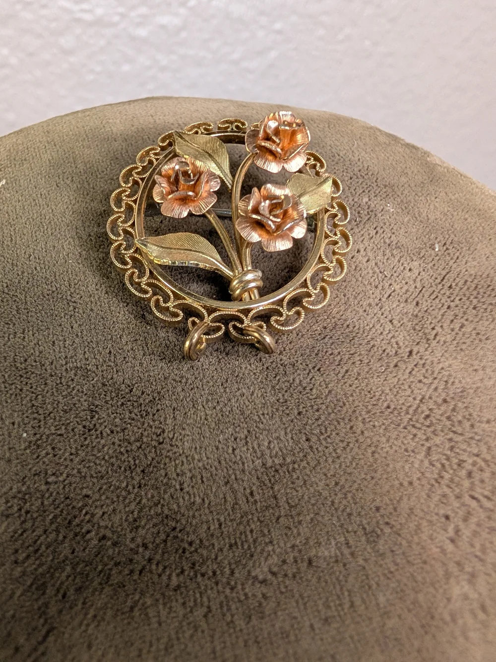 Vintage Krementz Gold and Rose Plated Floral Brooch Pin Stamped